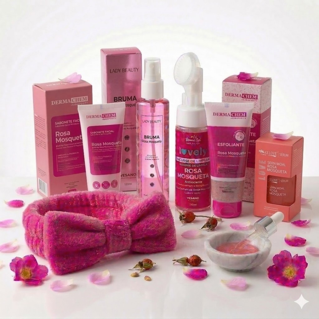 Kit Skin Care Completo Rosa Mosqueta Limpeza de Pele Profunda Mousse Bruma Presente Dia das Mães