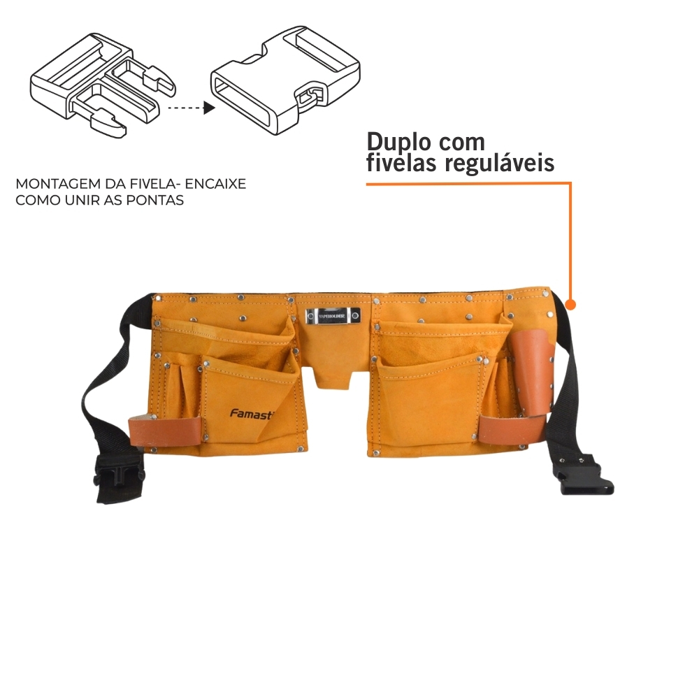 Cinturão Duplo Famastil para Ferramentas com 10 Bolsos | resistência, praticidade