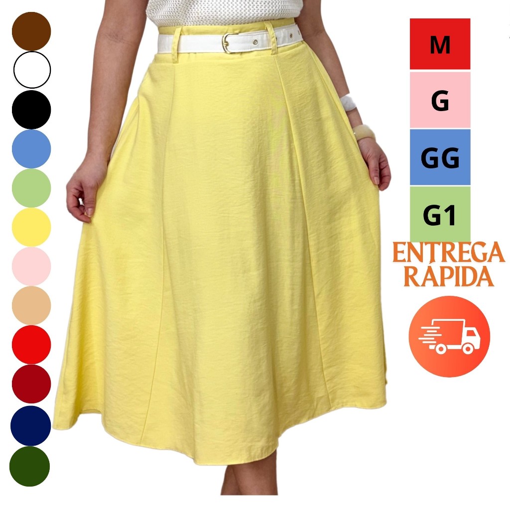 Saia Midi Feminino Cintura Alta com Bolso em Tecido Sensorial Marrant M ao G1