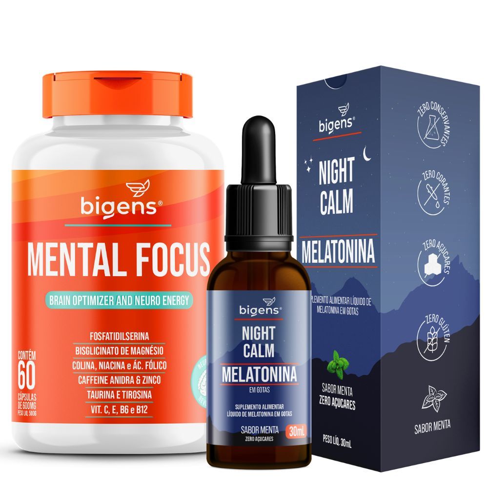 Kit Dia e Noite - Mental Focus 60 Cápsulas + Melatonina Night Calm 30ml - Bigens