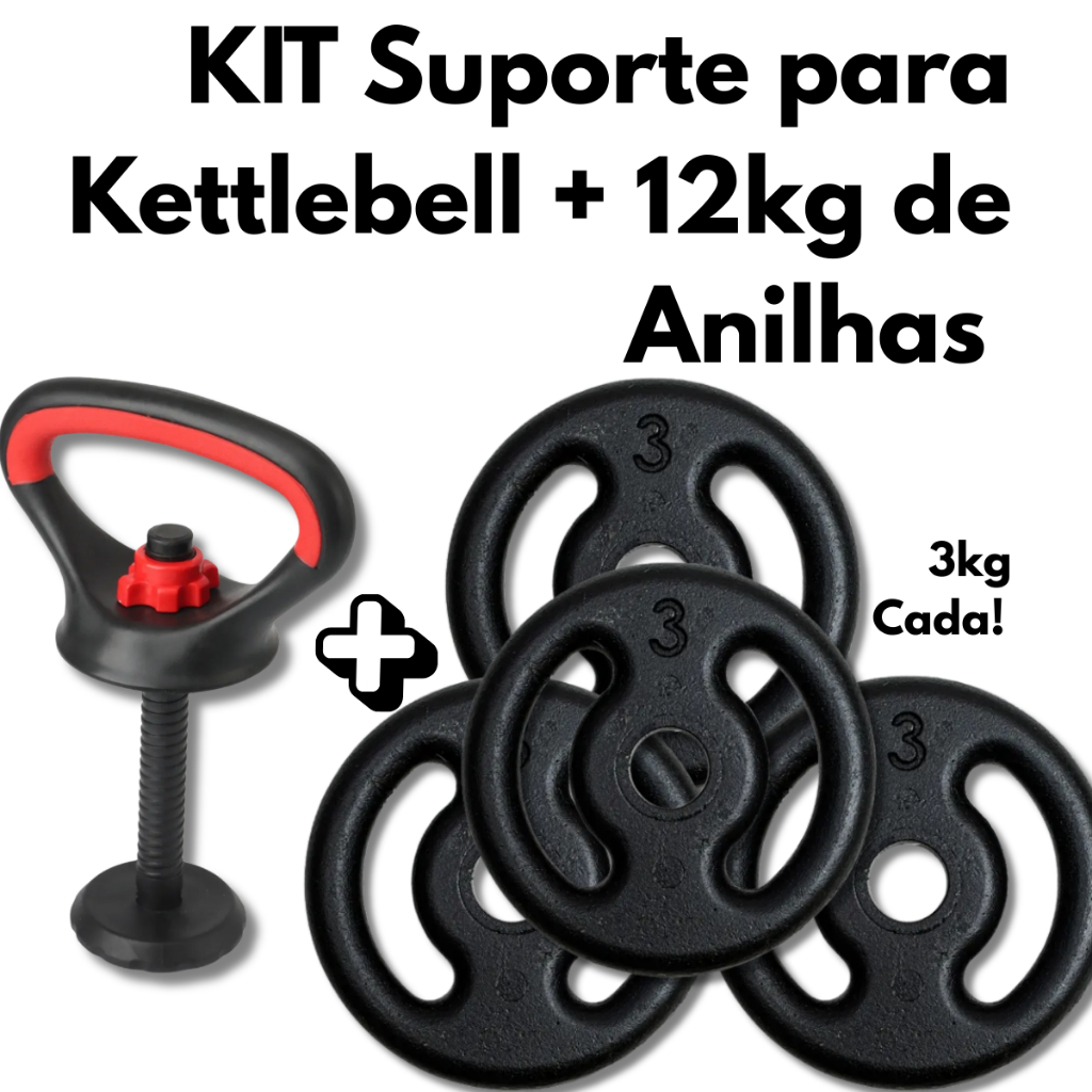 KIT Suporte para Kettlebell + 12kg de Anilhas Equipamento para Exercícios Musculação e Treino em Casa