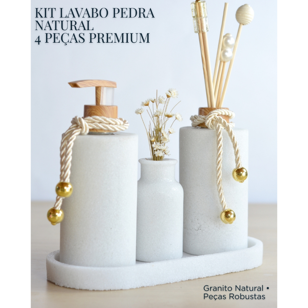 Kit Lavabo e Banheiro Pedra Natural - 4 Peças Aromatizador, Vaso porta escova, Saboneteira e Bandeja
