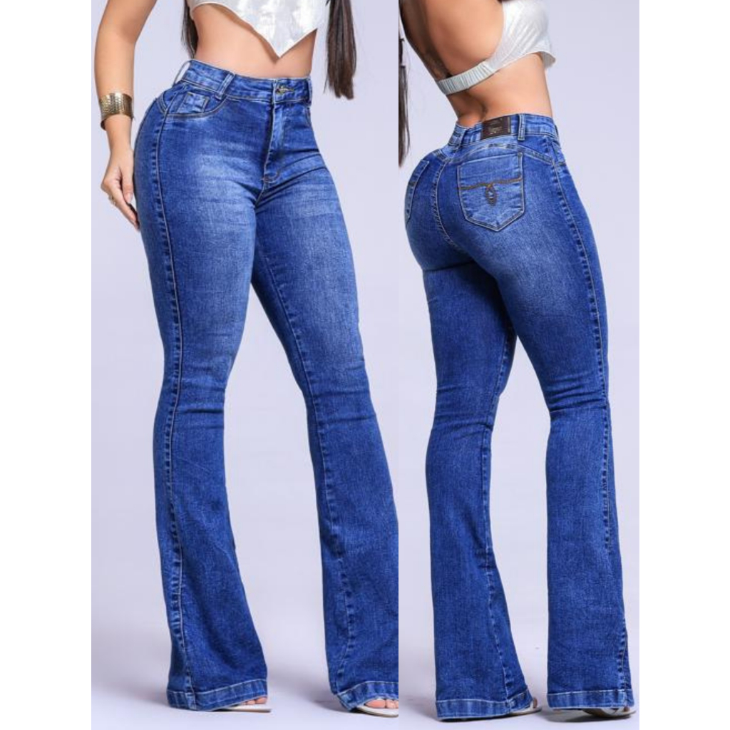 Calça Jeans Flare Feminina Cintura Alta Empina Bumbum com Lycra