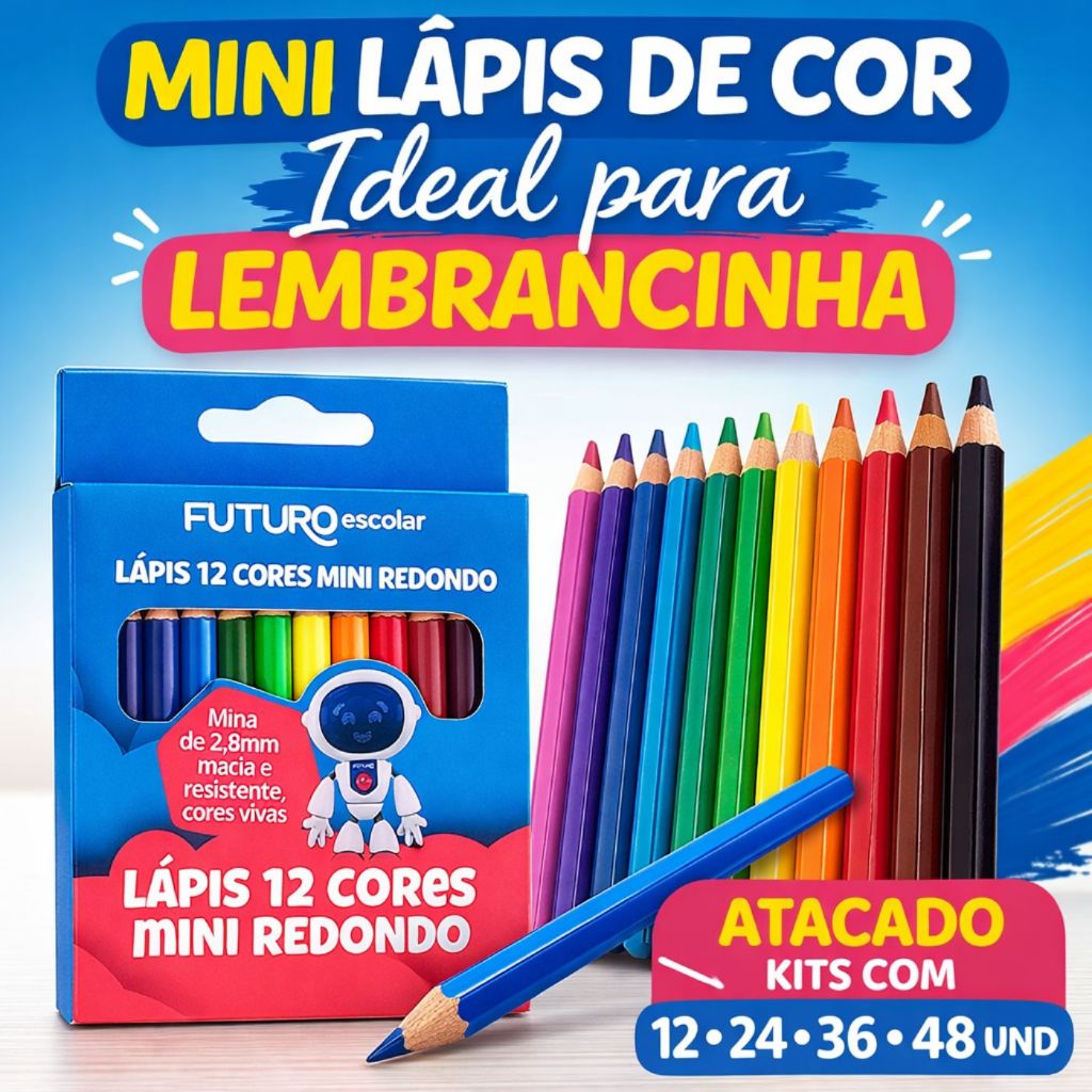 Lápis de Cor Mini 12 Cores Atacado Kit 12/24/36/48 und – Ideal Lembrancinha Infantil Escolar