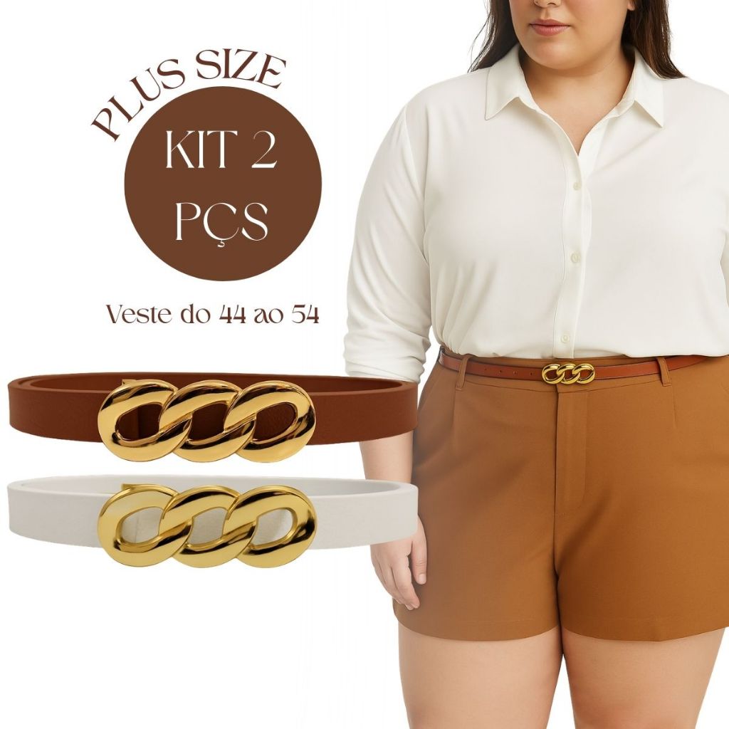 Kit 2 Cintos Femininos Plus Size Veste 44 ao 54 Comprido Grande Fivela Dourada Redonda Elos Casual Social em Oferta na Shopee