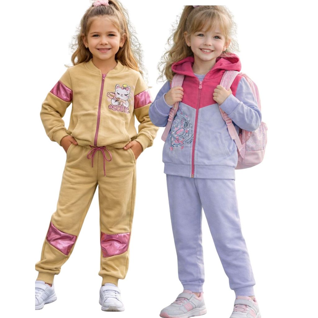 Kit 2 Conjuntos de Inverno Infantil Feminino Moletom Flanelado Menina 1 a 14 Anos