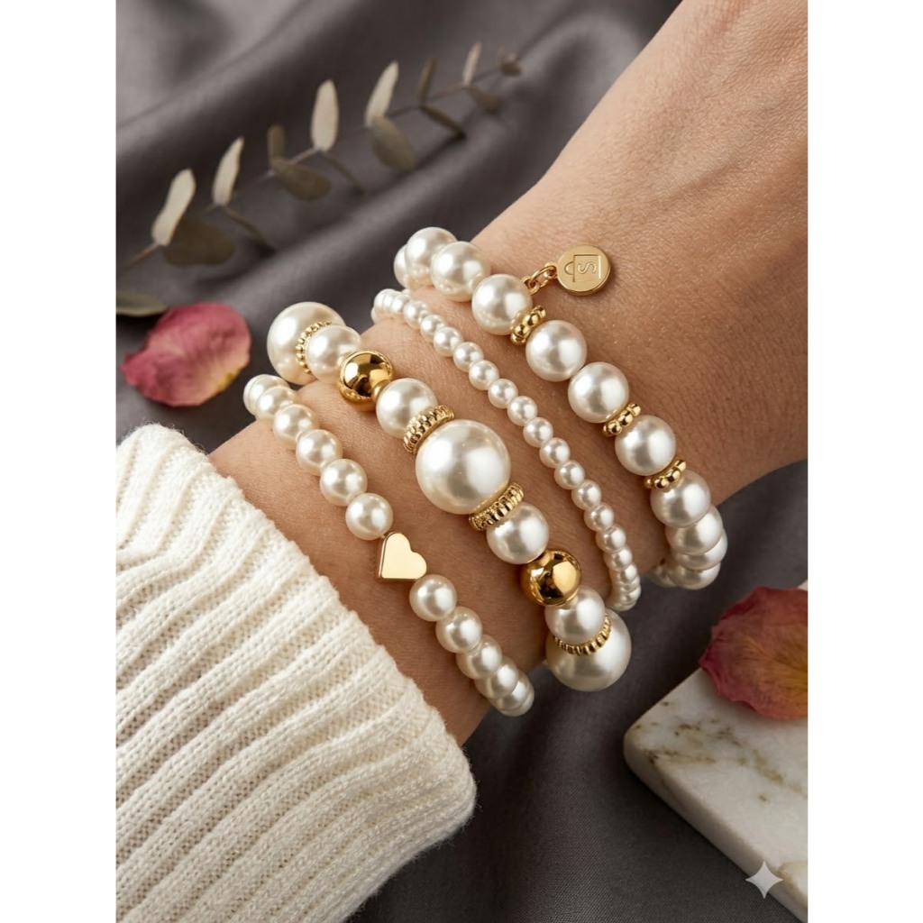 Conjunto 4 Pulseiras Elos Joias Moda Fashion Bracelete Feminina Dourada Bismark a com Perolas em Oferta na Shopee