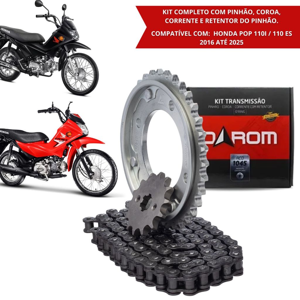 Kit Relação Darom Pop 110i / 110 ES 2016 Até 2025 Completo Pinhão + Coroa + Corrente + Retentor Envio Imediato