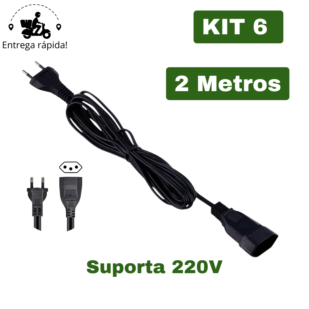 Kit 6 Extensão Elétrica Prolongador Preto Extensor de Cabo 2 Metros Bivolt 110v e 220v