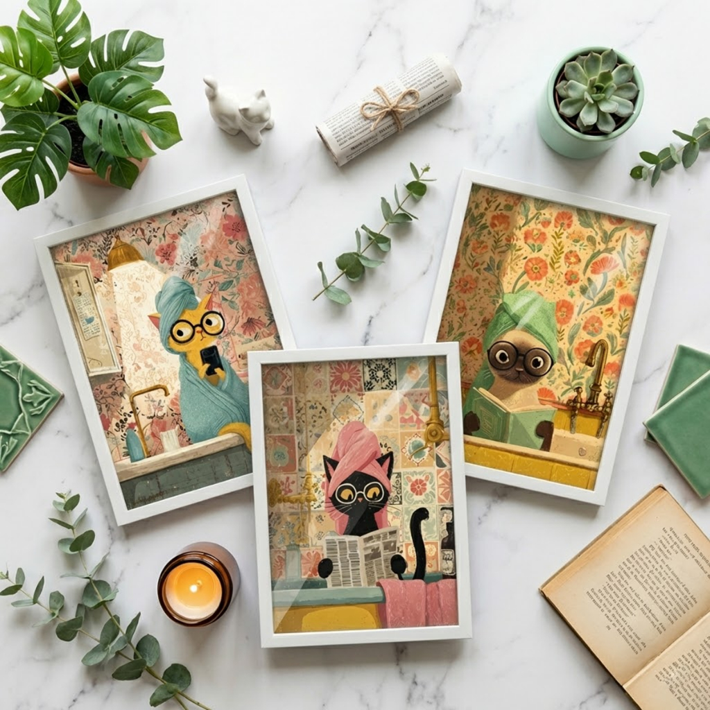 Kit 3 Quadros 18x24 cm Gatos Banheiro, lavabo, Moldura Vidro em Oferta na Shopee