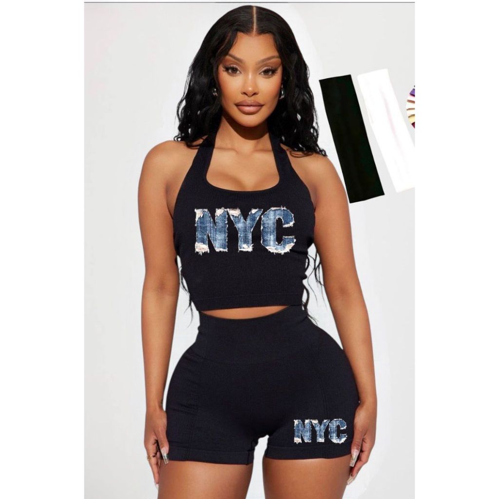 Kit Conjunto Fitness + faixa esportiva estampada combinando  para Academia Top e Short Super Confortável com Compressão