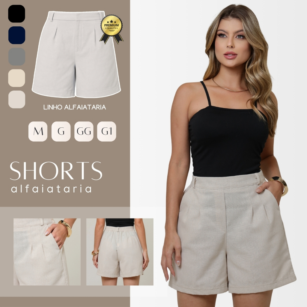 Shorts Feminino Alfaiataria Linho Premium Cintura Alta Cós Elástico Com Bolso Social M ao G1 em Oferta na Shopee