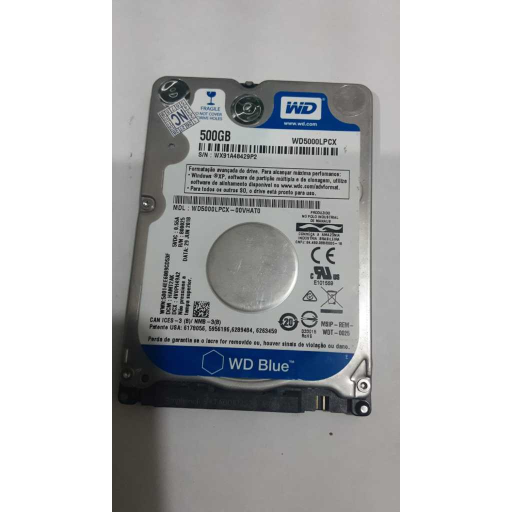 HD Western Digital WD Blue 500GB 5400RPM SATA 7 mm - Modelo Ultrafino para Notebook - WD5000LPCX (Seminovo)