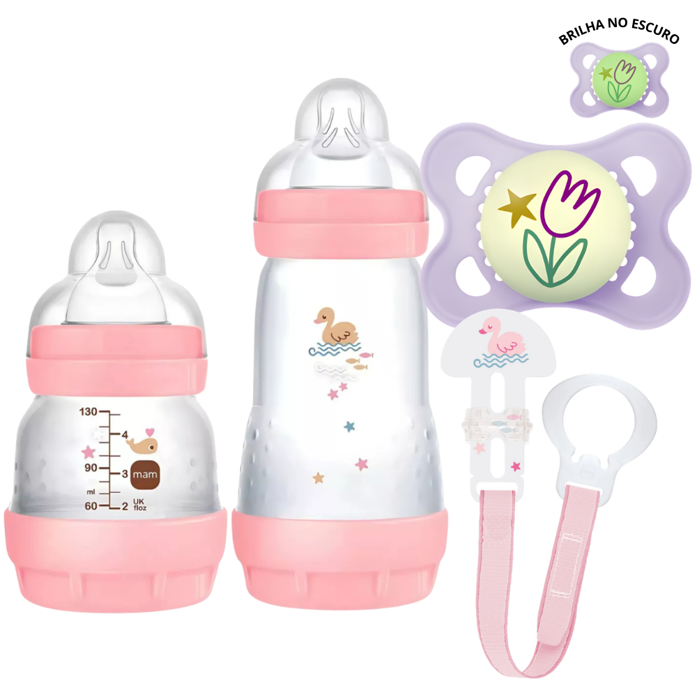 Kit Maternidade Premium Mam Amamentação Completa Mamadeiras Chupeta Clip Prendedor Original Rosa