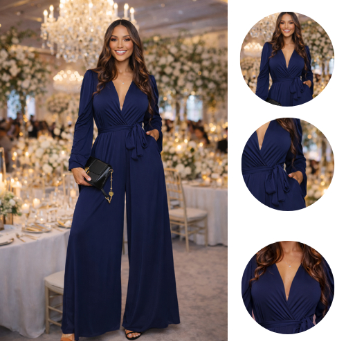 MACACÃO FEMININO FESTAS CASAMENTO PANTALONA ELEGANTE MANGA LONGA COM BOLSOS