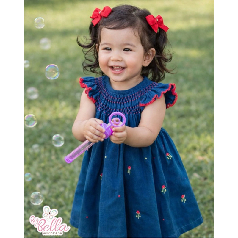 VESTIDO CASINHA DE ABELHA  INFANTIL MENINA BEBÊ MARINHO/VERMELHO C/ CALCINHA