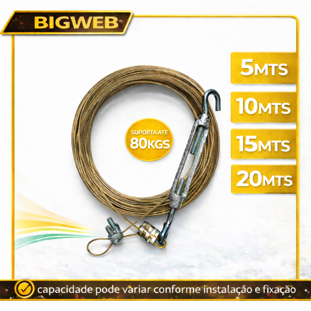Varal de Cabo de Aço Revestido 5M 10M 15M ou 20M Escolha o Tamanho com Esticador e Clips