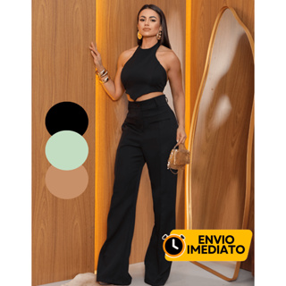 Conjunto em Alfaiataria Feminino Calça Pantalona Social Com Cropped Costas nua Elegante em Oferta na Shopee