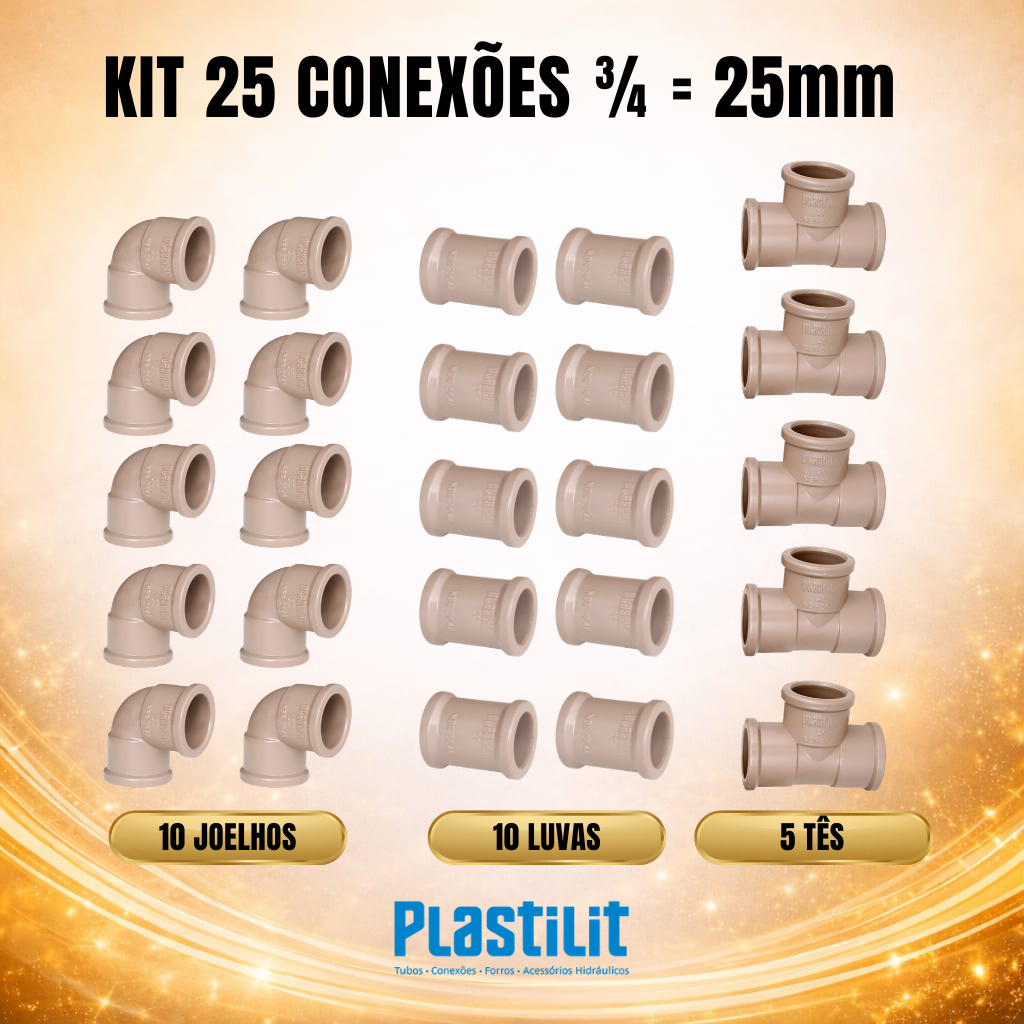 Kit 25 Conexões 25mm-3/4 PVC Hidraulica Agua Fria - 10 Joelhos 10 Luvas 5 Tes Alta Qualidade