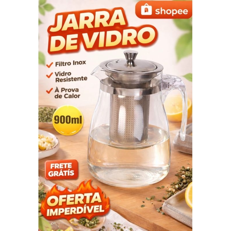 Jarra de Vidro 900ml com Infusor de Chá em Inox – Bule para Chá Café Ervas com Filtro