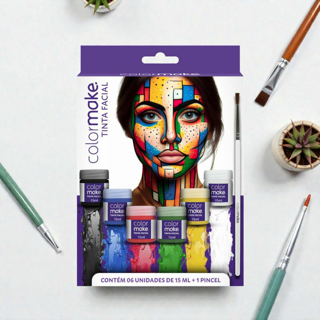 Kit Tinta Facial Colormake 6 Cores 15ml + Pincel  Maquiagem Artística, Festas, Eventos, Carnaval