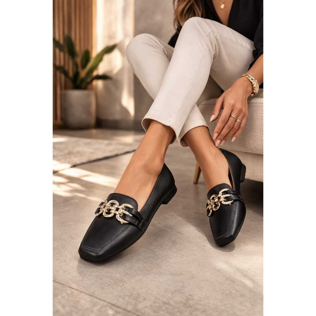 Mocassim Feminino Preto Elegante com Corrente Dourada | Sapato Social Confortável Bico Quadrado Casual Trabalho
