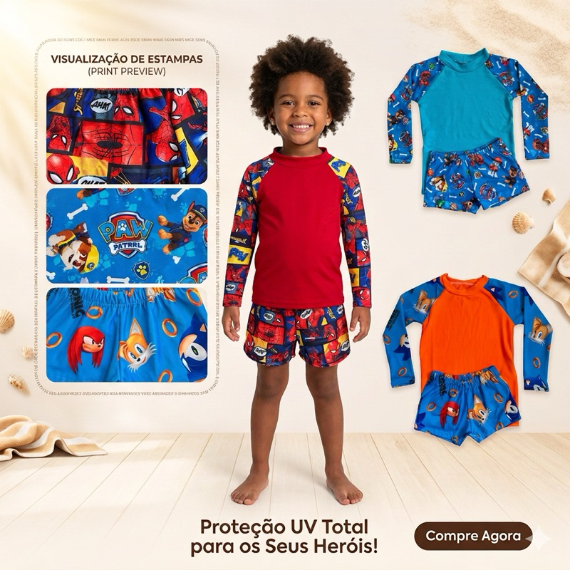 Conjunto Sunga + Camiseta proteção UV 50 infantil  natação /Moda praia personagens /Autismo
