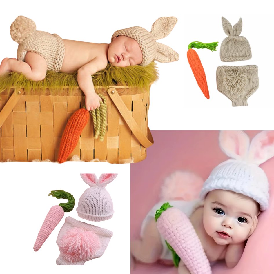 Roupa Recém Nascido Coelho Da Páscoa Crochê Newborn Fotografia Kit 3 Peças com Cenoura