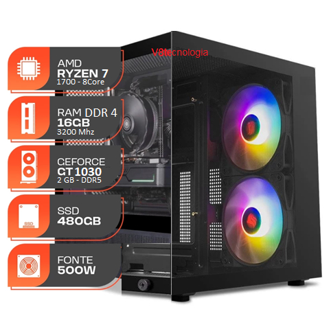 Computador Gamer AMD Rayzen 7 1700, A320Gigabyte, 16Gb3200, GforceGT2GBDDR5,SSD4