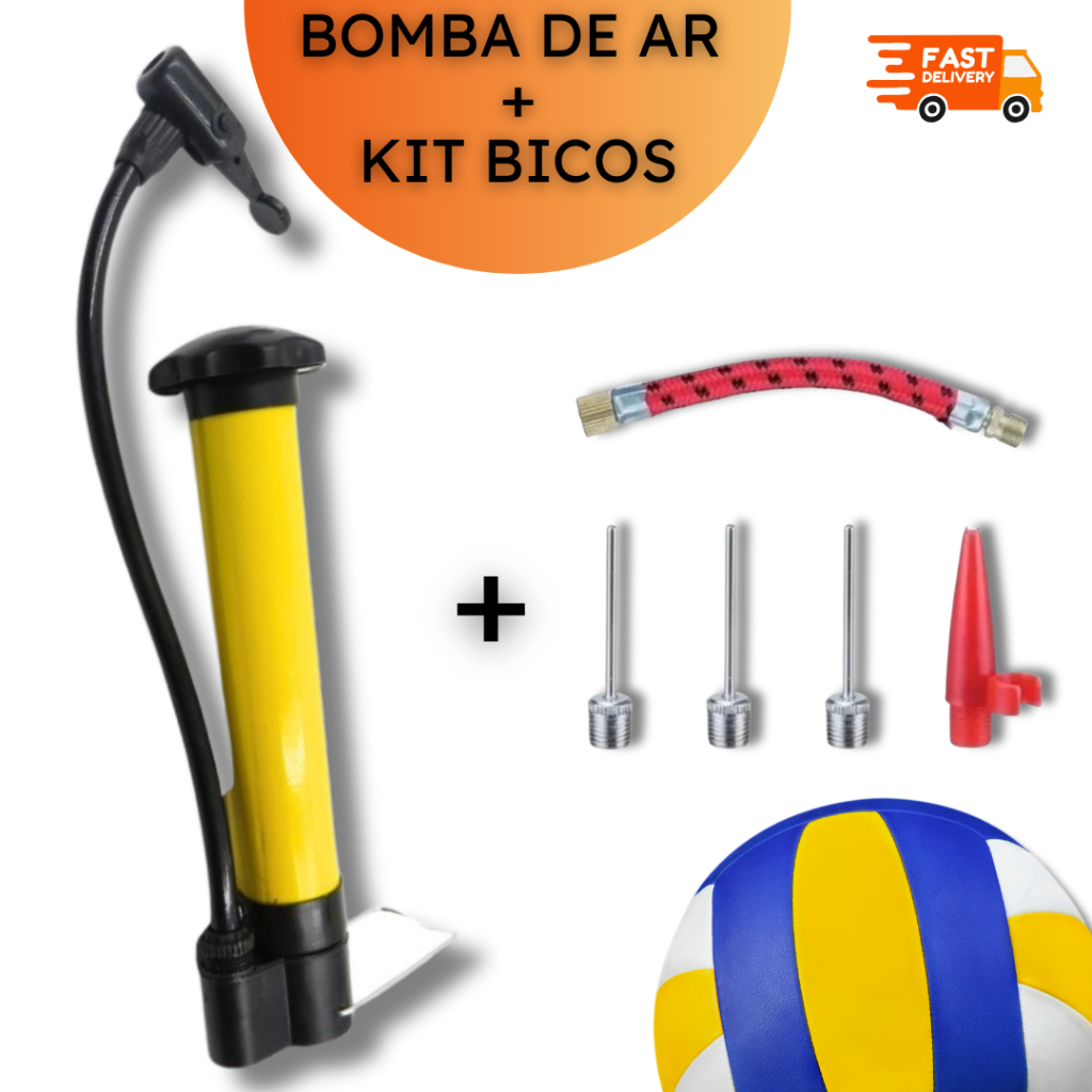 Kit Bomba de Ar e Bicos de Inflar Bolas Boias Boia Futebol Futevôlei Bico Encher