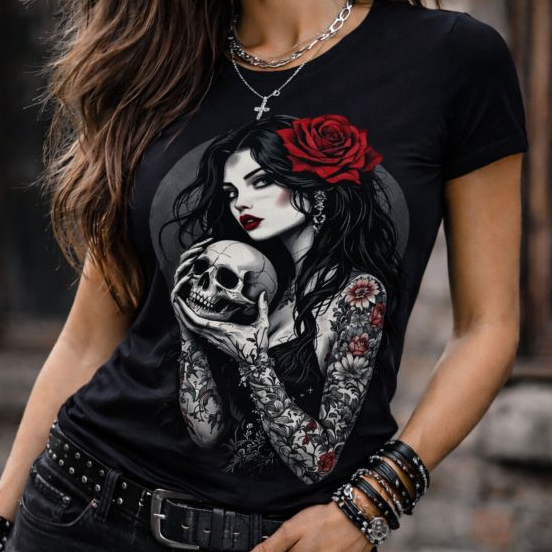 CAMISETA  BLUSA  FEMININA PRETA 100%ALGODÃO MALHA ROCK CATRINA ROSAS VERMELHAS ESTILO ROCK GOTICA RETRO NEW LOOK