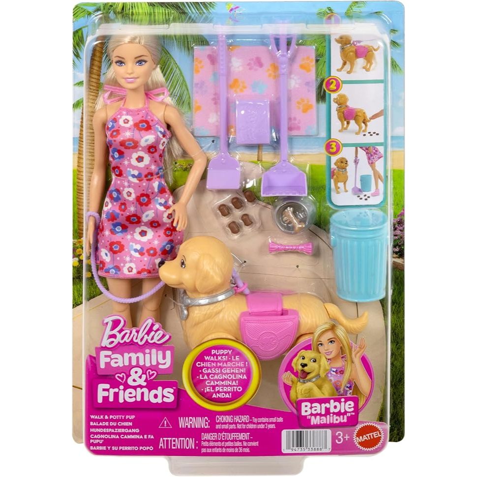 Boneca Barbie com cachorrinho Walk & Potty Pup que anda e faz cocô, com acessórios para cuidar do pet. Brincadeira diver