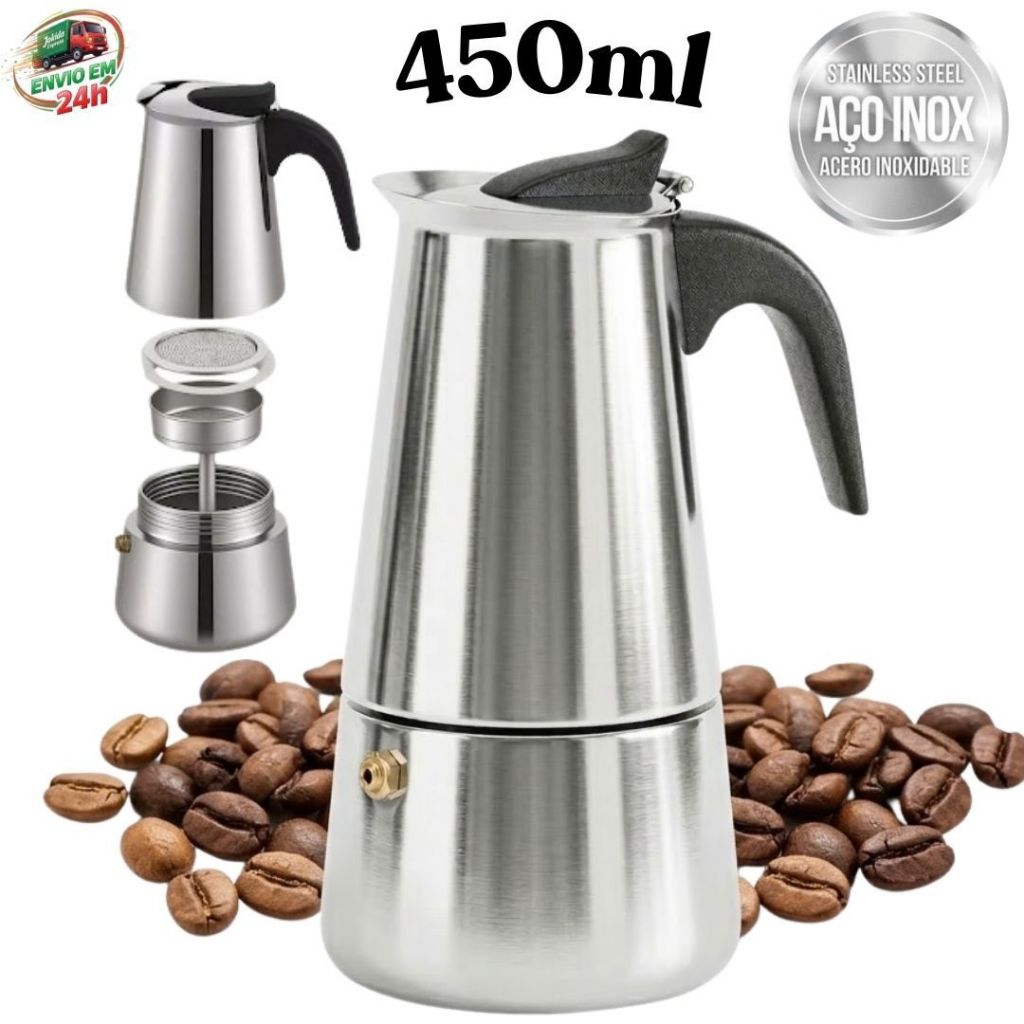 Cafeteira Expresso Italiana 450ml Aço Inox 9 Xícaras De Café Chá Prático Rápido Cafeteira Moderna  e Resistente