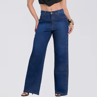 Calça Jeans Wide Leg Feminina 100% Algodão Cintura Alta Tecido Premium em Oferta na Shopee