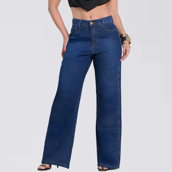 Calça Jeans Wide Leg Feminina 100% Algodão Cintura Alta Tecido Premium
