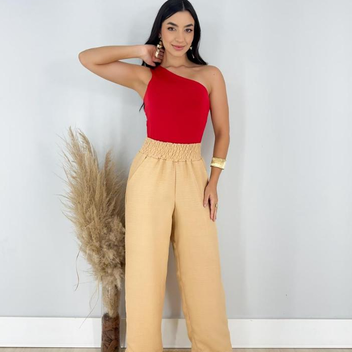 Calça Pantalona Feminina Cós Alto Cintura Alta Calça Soltinha Moda Verão Calça Feminina cós com Elástico