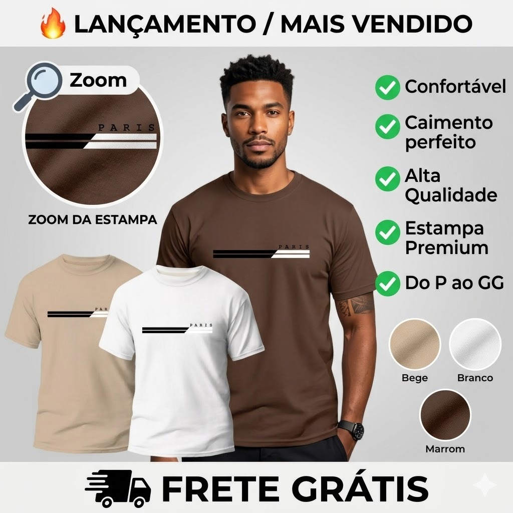 Kit 3 Camisas Masculinas PARIS 100% Algodão Premium Conforto Moda Casual Street Paris || PROMOÇÃO