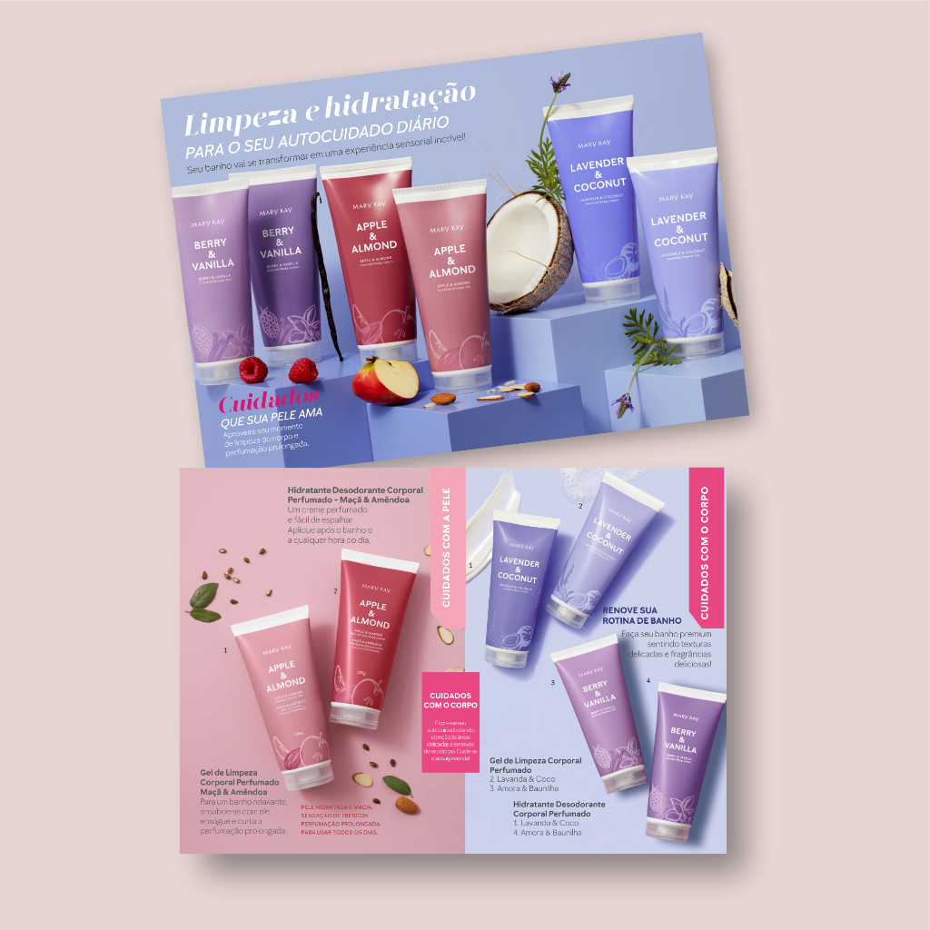 Pct 100 und Folheto Apresentação Hidratantes Maçã & Amêndoa, Amora & Baunilha, Lavanda & Coco Mary Kay