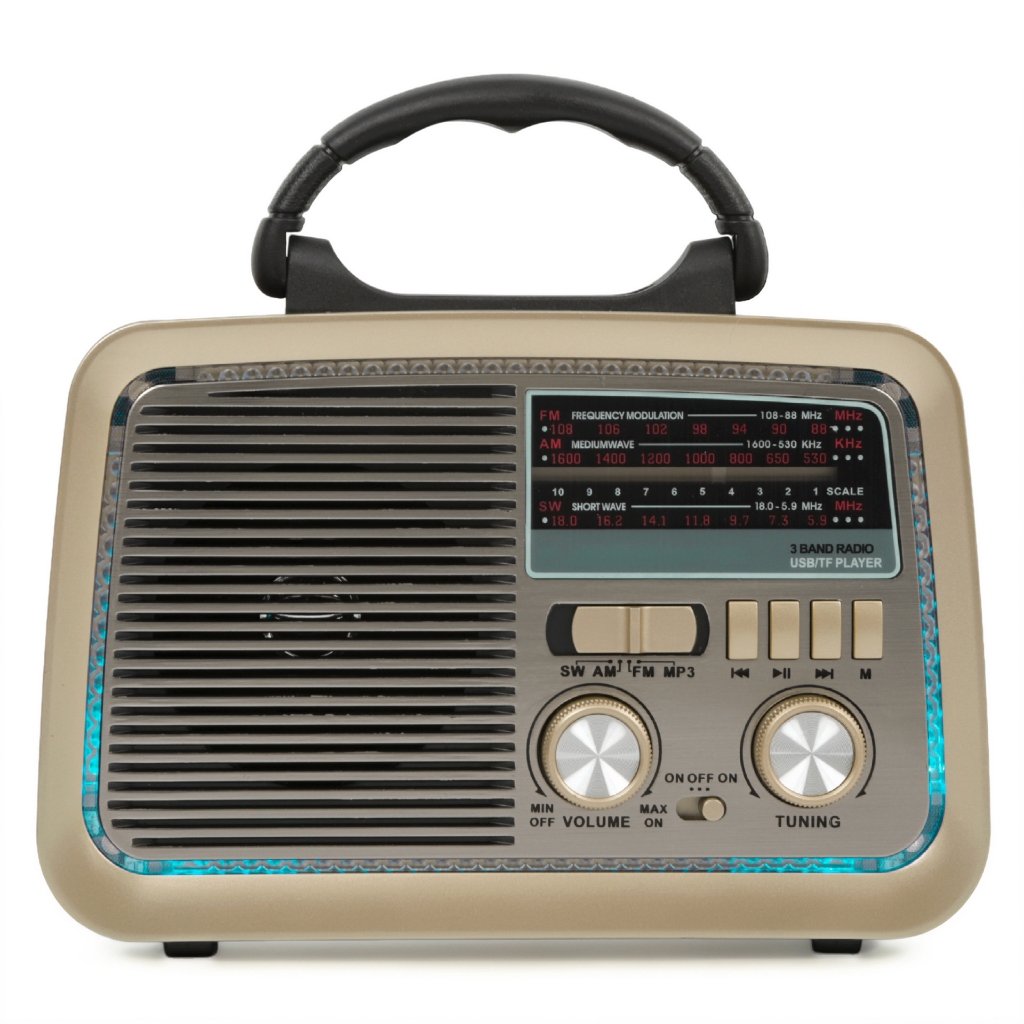 Rádio Retrô AM/FM/SW 9 Bandas com Bluetooth, USB, Cartão, Pilha e Bateria Recarregável Vintage Clássico Portátil Wassay