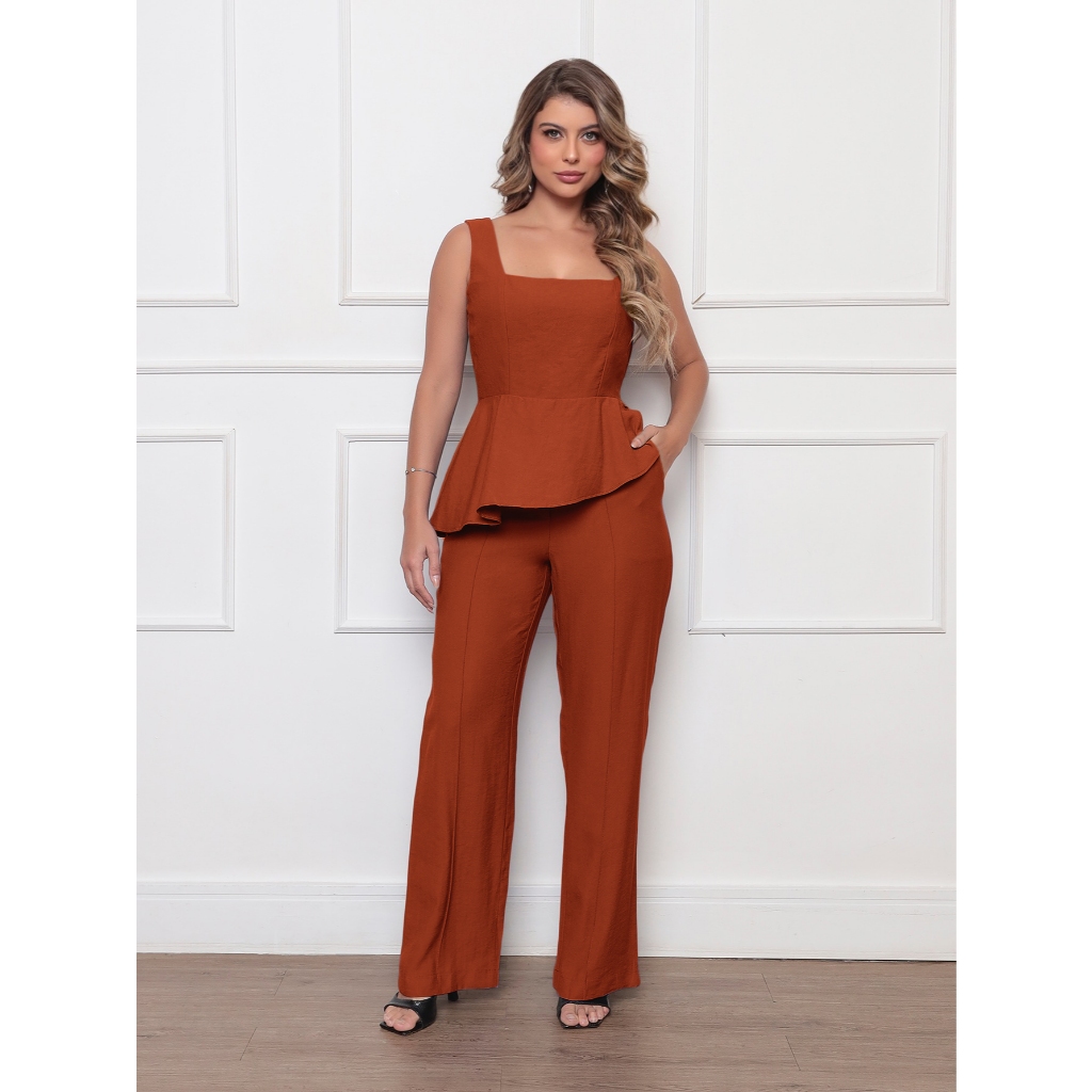 Onlyone - Conjunto Feminino Peplum com Calça Wide Leg Decote Quadrado Zíper Lateral e Bolsos