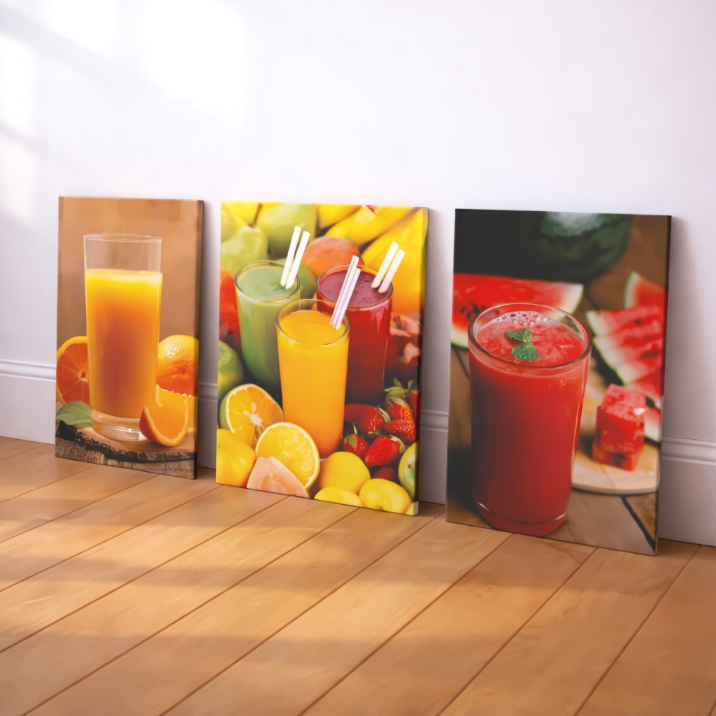 Quadros Decorativos Sucos Naturais de Frutas Restaurante Cozinha Comercio Kit 3 peças