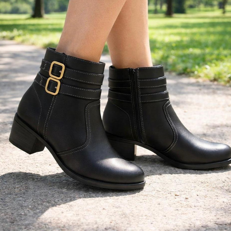Bota Feminina Casual Fivela Tiras Salto Confortável Ziper Estilosa Moderna Macia em Oferta na Shopee