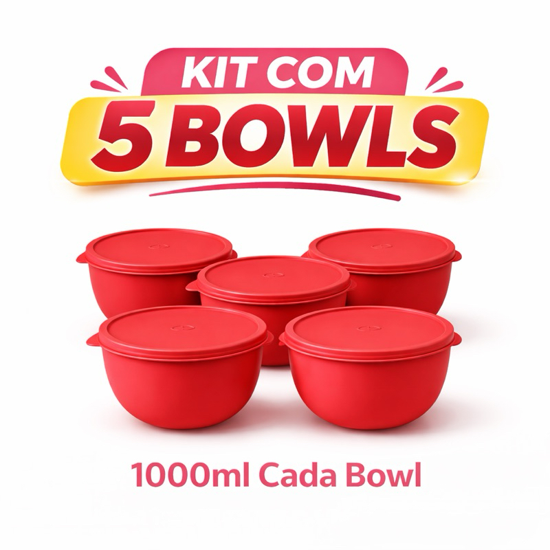 Kit 5 Potes Redondos com Tampa Hermética 1000ml | Bowls Plástico Resistente em Oferta na Shopee