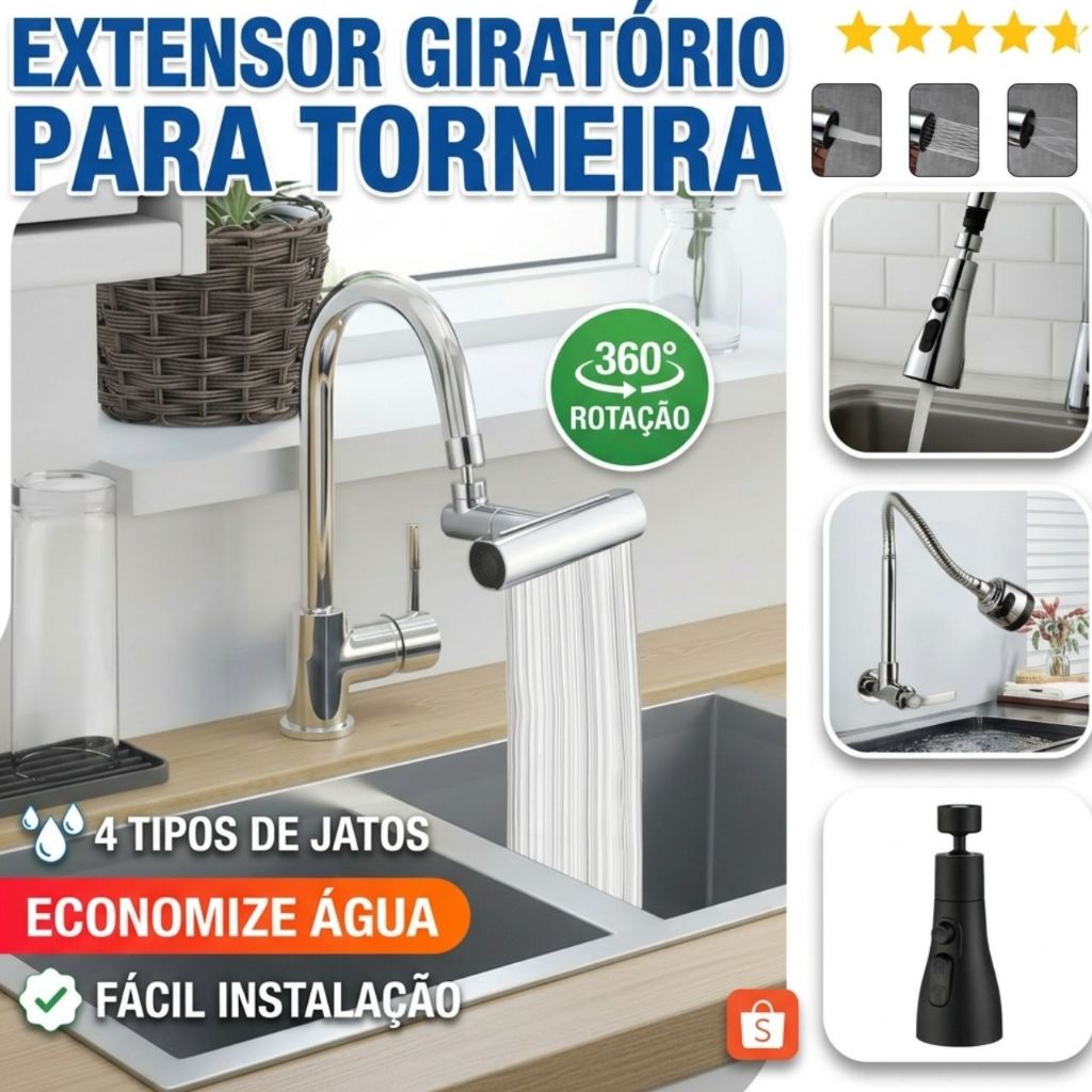 Extensor Giratório Torneira 360° Jatos Flexível Inox Ducha Cozinha Banheiro Economia de Água