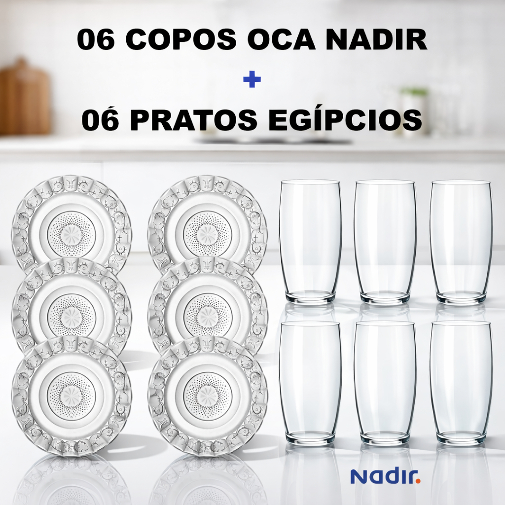 Kit 6 Copos Vidro Nadir Oca 6 Pratos Fundos Vidro Resistente Mesa Jogo Cozinha Refeição Decoração