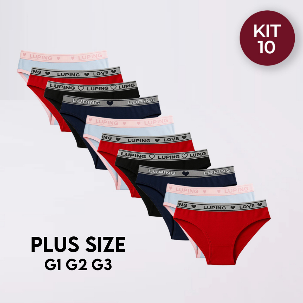 Kit 10 e 5 Calcinhas Plus Size Algodão Lisa e Estampada Cos Alto Tanga Cintura Alta Confortáveis Forro 100% em Algodão