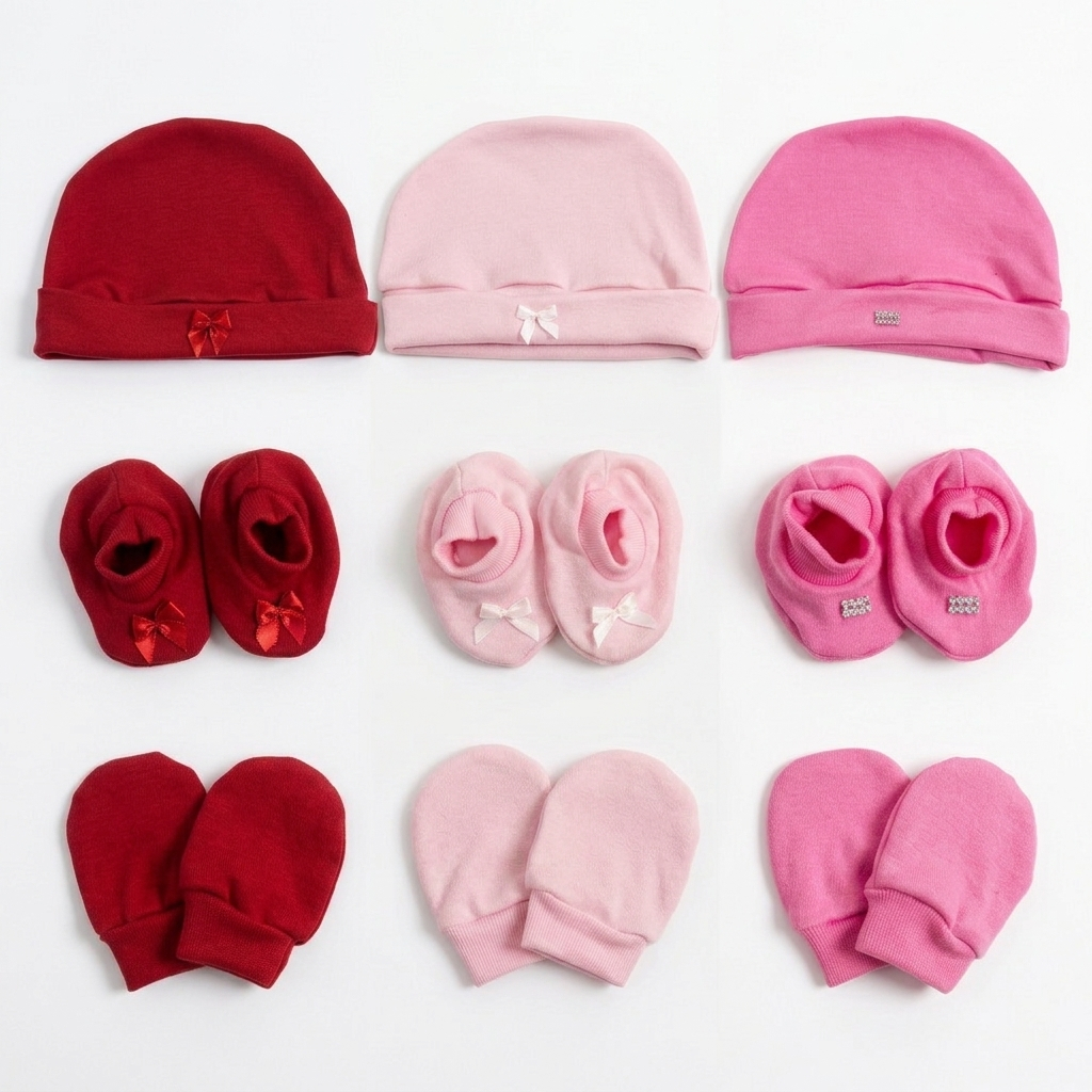 Kit 3 Toucas 3 Luvas e 3 Pantufas para Bebê Menina e Menino Recém Nascido Confortável Promoção