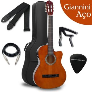 Kit Violao Giannini Eletrico Acustico Profissional Nat Corda Aço afinador completo Flat Eletroacustico Estudo Iniciante