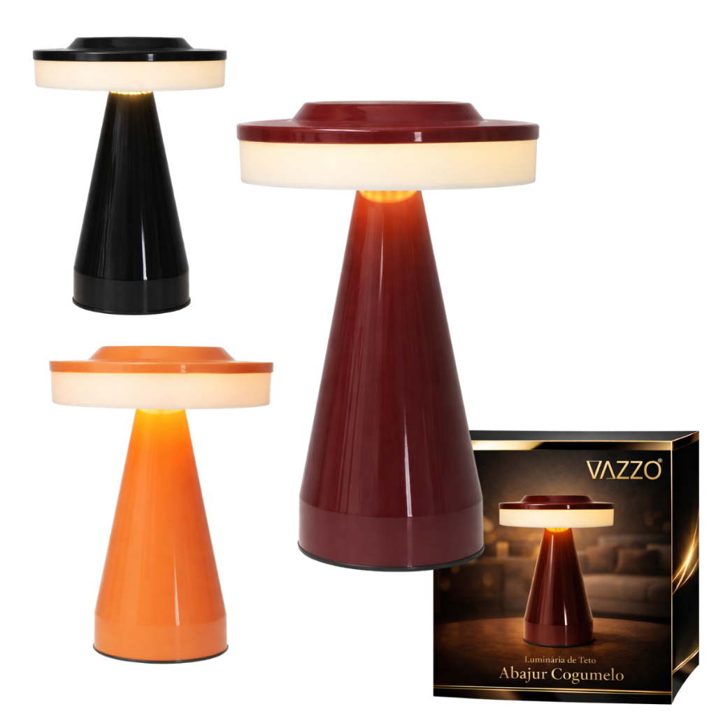 Luminária Abajur de Mesa Cogumelo Moderno Led Portátil Recarregável 3 em 1 USB 5V Vazzo