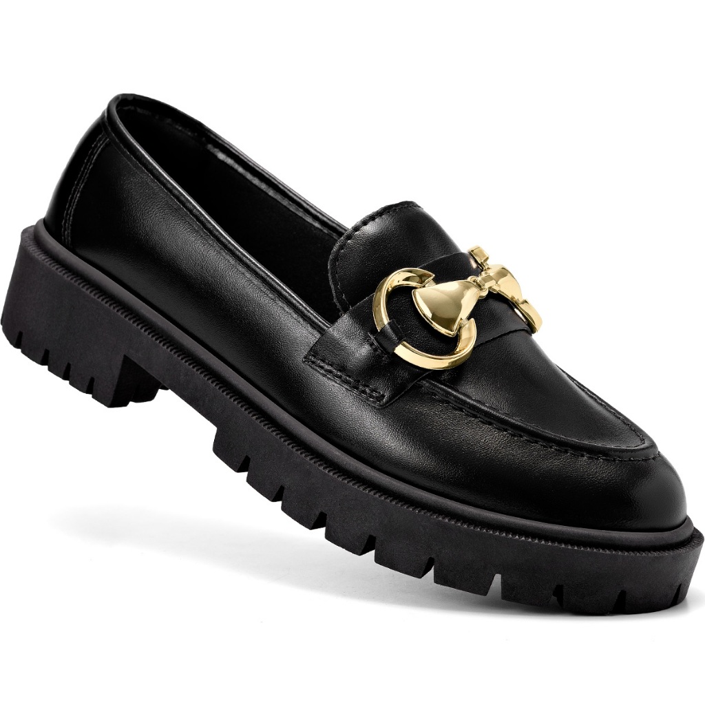 Mocassim Feminino Lumiss Tratorado Confortável Casual Enfeite Metalizado Bico Redondo Preto
